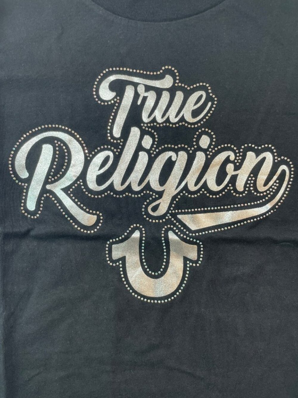 True Religion Iridescent Sticker Logo Jet Black Crew Tee Cotton Wmns Sz L $59NWT - Picture 2 of 5